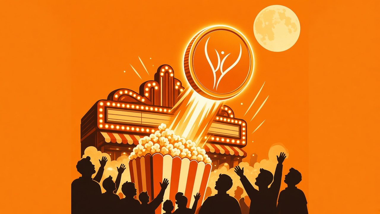 Cinema marquee, popcorn and a crowd under an orange moon